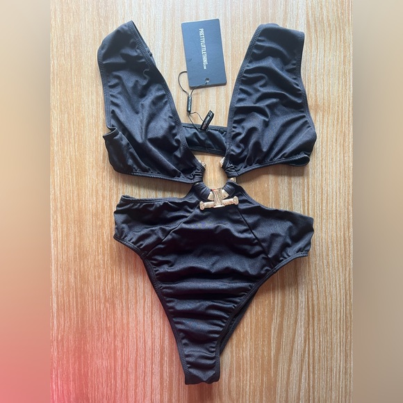Black Hammered Trim Deep Plunge Cut Out Swimsuit - Picture 2 of 3